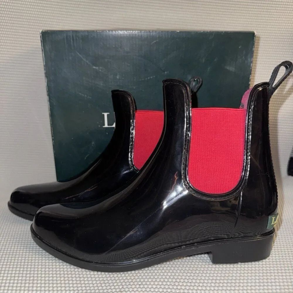 Lauren Ralph Lauren Tally Bo Rubber PVC Ankle Rain Chelsea Boots Black Size 8B